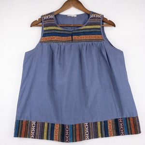 Pleione Women's Sleeveless Blouse Blue with Aztec detail Size Petite Large